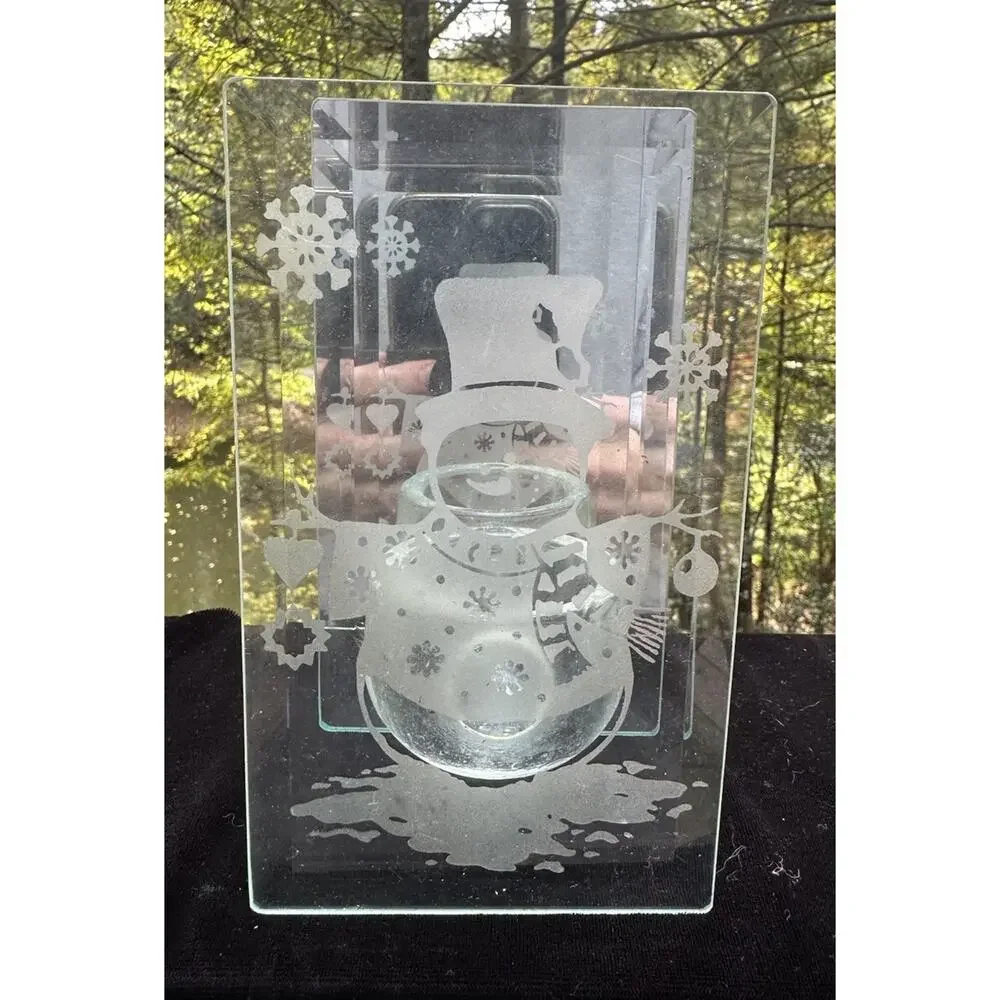 Vintage ArtMark Beveled Mirror Glass Candle Holder Snowman Etched -S64